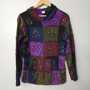Greater Good Network Patchwork Zip Up Hoodie Womens S/M Art To Wear Hippie